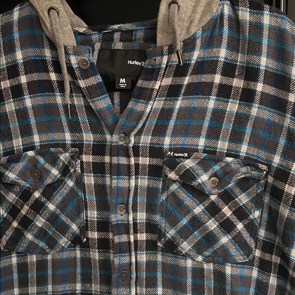 Hurley Black and Blue Plaid Hooded Shirt